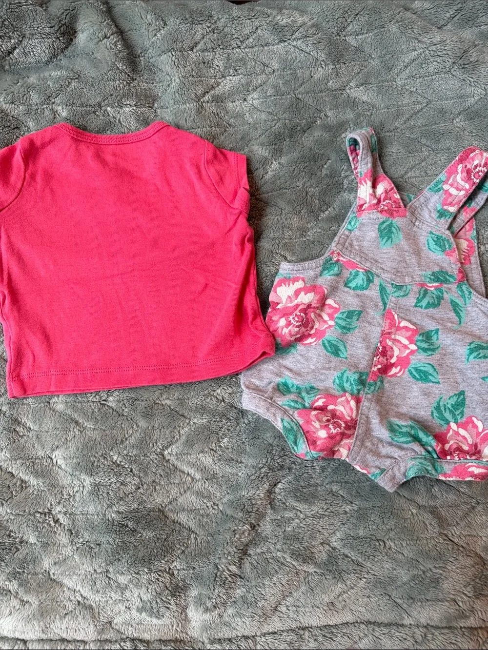 Carter's Bright Pink Tee with Gray Floral Overall Romper